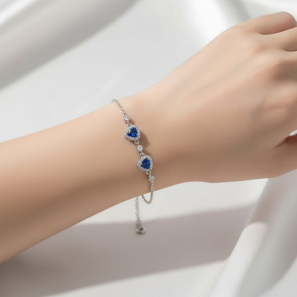 Mavi Safir Taşlı Çift Kalpli Gümüş Bileklik